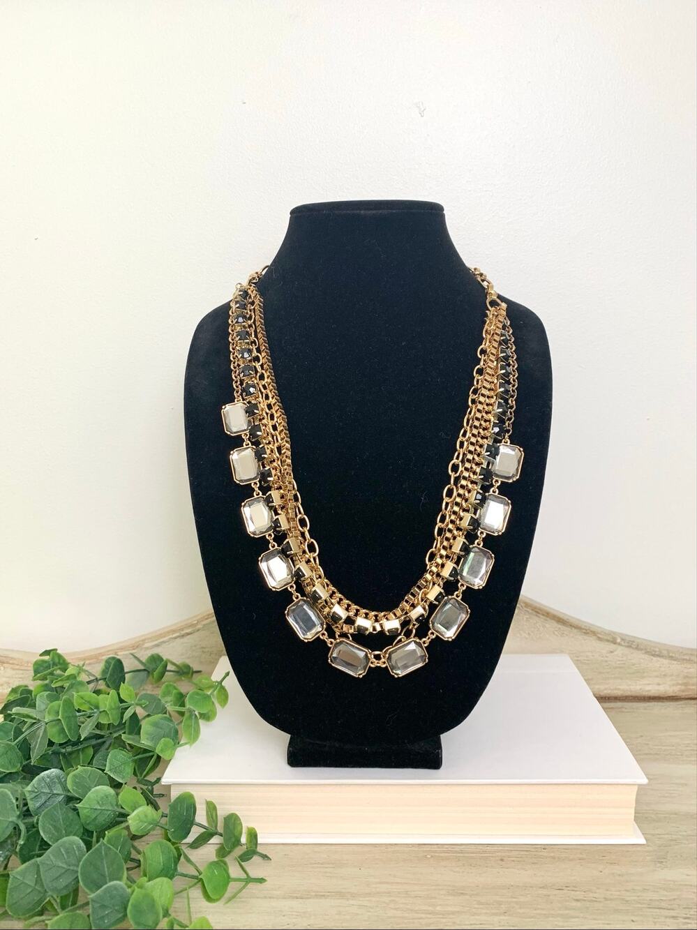 Avon Gold Tone Multi Chain Smokey Rhinestone Glam Statement Necklace Cocktail